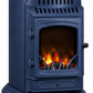 Sahara – Gasofen 3,4 kW aus echtem Gusseisen – Zusatzheizung im traditionellen Design, Saphirblau matt – Holzfeuer-Effekt, mobil auf Rollen (Modell Provence)