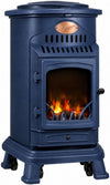 Sahara – Gasofen 3,4 kW aus echtem Gusseisen – Zusatzheizung im traditionellen Design, Saphirblau matt – Holzfeuer-Effekt, mobil auf Rollen (Modell Provence)