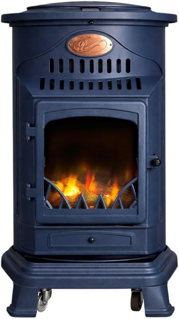 Sahara – Gasofen 3,4 kW aus echtem Gusseisen – Zusatzheizung im traditionellen Design, Saphirblau matt – Holzfeuer-Effekt, mobil auf Rollen (Modell Provence)