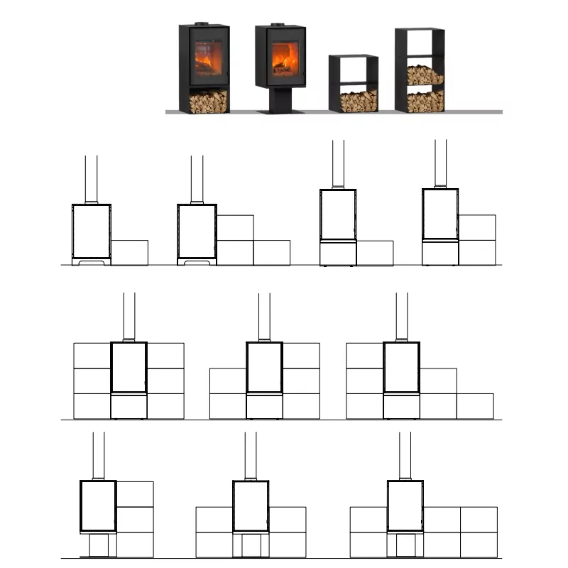 Holzofen Domino mit Standfuß und 3-stufigem Holzlager – 8,5 kW